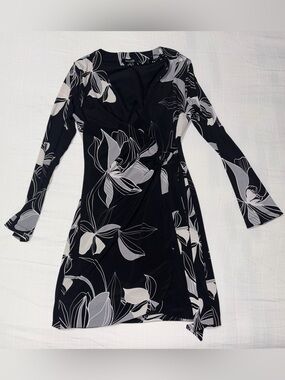 Kensie Black Floral Long Sleeve Faux Wrap Dress